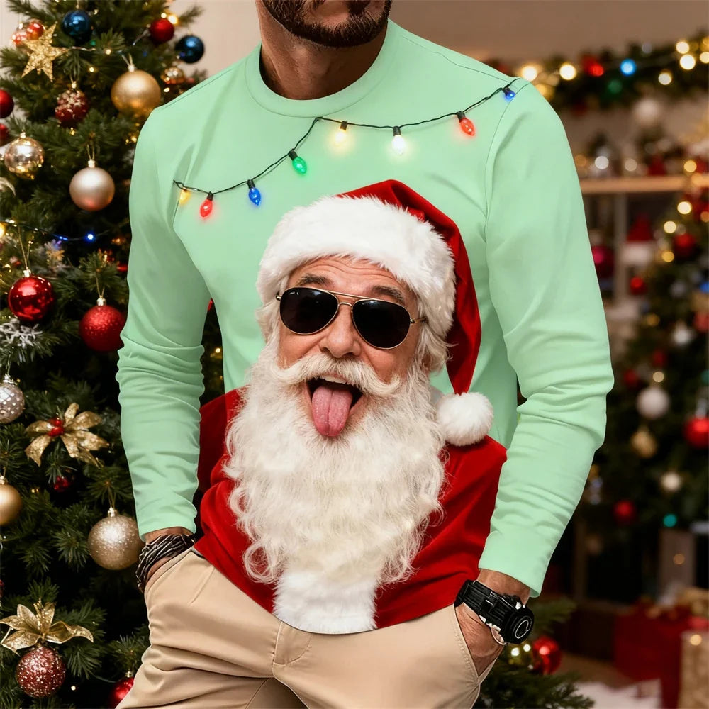 Christmas Autumn Collection Men's Long-Sleeve Hoodie 3D Playful Santa Claus Print Crew Neck Oversized T-Shirt Christmas Costumes