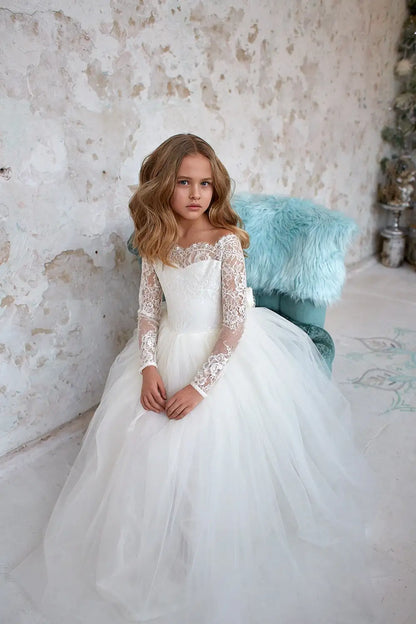 Customized Full Sleeves Flower Girl Dress Bohemian Tulle Ivory White Lace Bow Girls First Communion Gown Junior Bridesmaid Dress