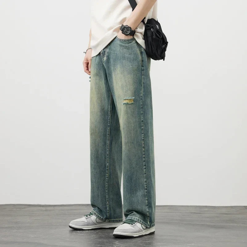 Korea Baggy Jeans Men's Vintage Straight Ripped Y2k Pants Fashion Frayed High Street Distressed Denim Trousers Male Clothes