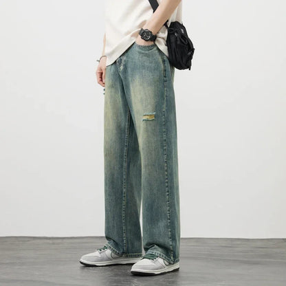 Korea Baggy Jeans Men's Vintage Straight Ripped Y2k Pants Fashion Frayed High Street Distressed Denim Trousers Male Clothes