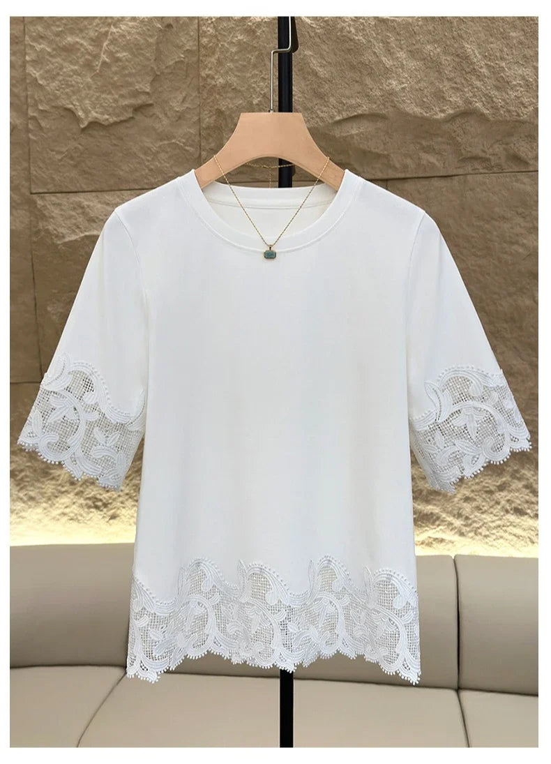 Women's Lace Trim Round Neck Short Sleeve T-Shirt 2025 Summer Slim Fit Casual Minimalist Solid Color Versatile Top