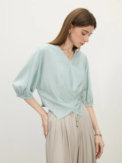 V-Neck Relaxed Casual Design Women's Short Sleeve Linen Shirt - 2025 Summer New Arrival Shirts For Women 25FS12418
