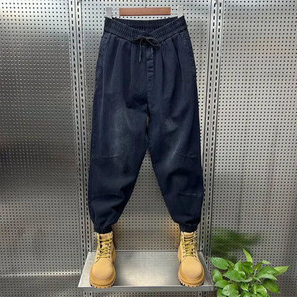Drawstring Menswear Clothing Handsome Spring New Men's Jeans Korean Elastic Waist Buttons Decorative Fashion Harlan Pants Men