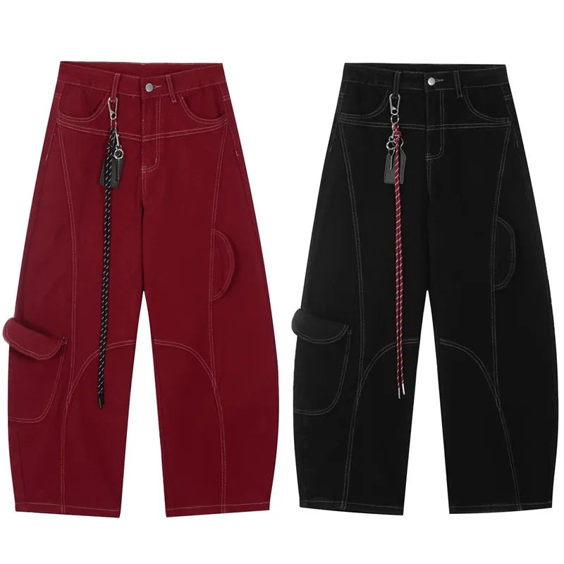 2025 Cyber Y2K Fashion Red Patchwork Baggy Cargo Jeans Pants For Men Designer Clothes Wide Leg Women Denim Trousers Ropa Hombre