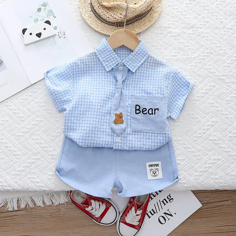 Summer Casual Plaid T-Shirt And Pants Set with Tie for Baby Boys Cotton Toddler Outfit 2Pcs Clothing Suit Kids Clothing