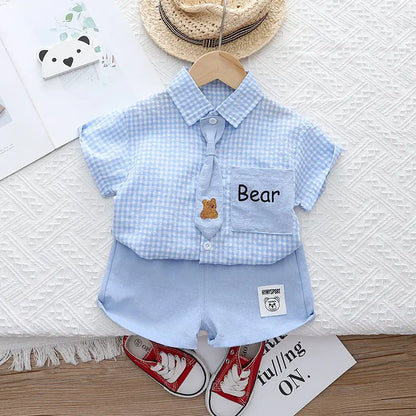 Summer Casual Plaid T-Shirt And Pants Set with Tie for Baby Boys Cotton Toddler Outfit 2Pcs Clothing Suit Kids Clothing