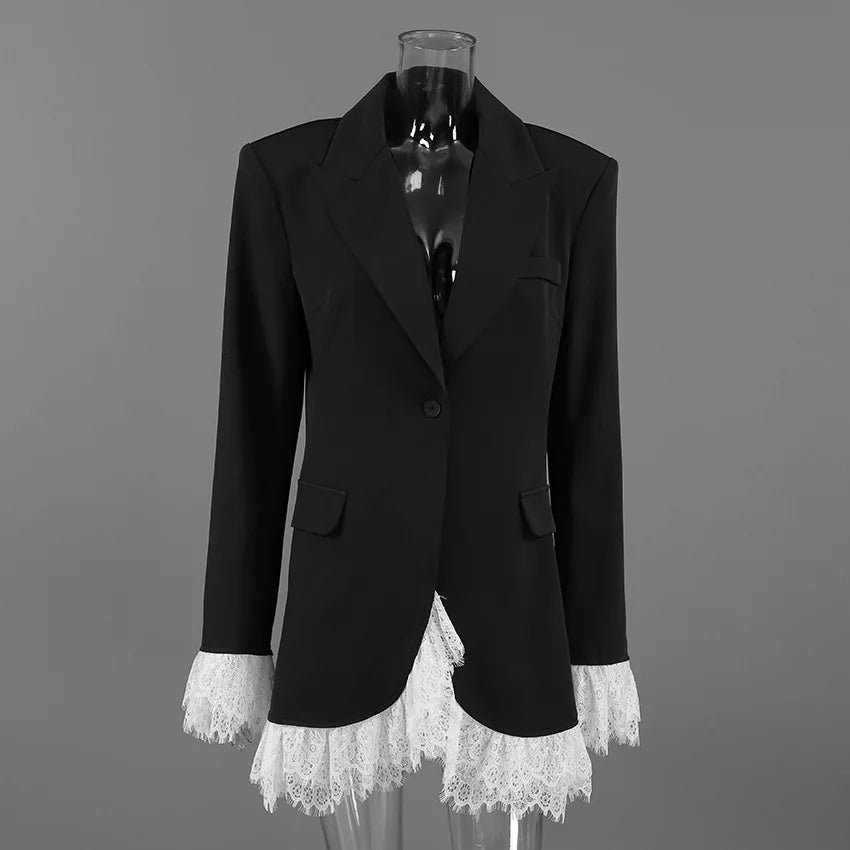 Elegant Lace Blazer Coat Women Fashion Office Lady Full Sleeve Single Breasted Jackets 2025 New Autumn Black Casual Slim Coats