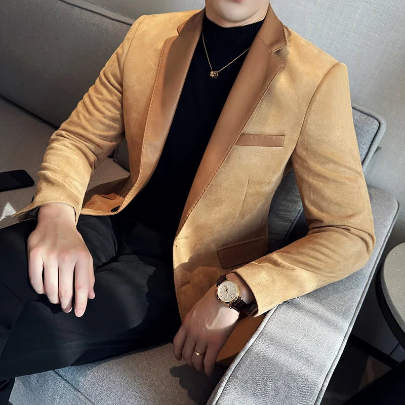 High Quality Deerskin Velvet Splicing Leather Collar Suit Blazers Men Casual Business Slim Coats Mens Social Wedding Clothing