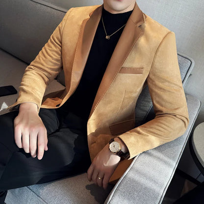 High Quality Deerskin Velvet Splicing Leather Collar Suit Blazers Men Casual Business Slim Coats Mens Social Wedding Clothing