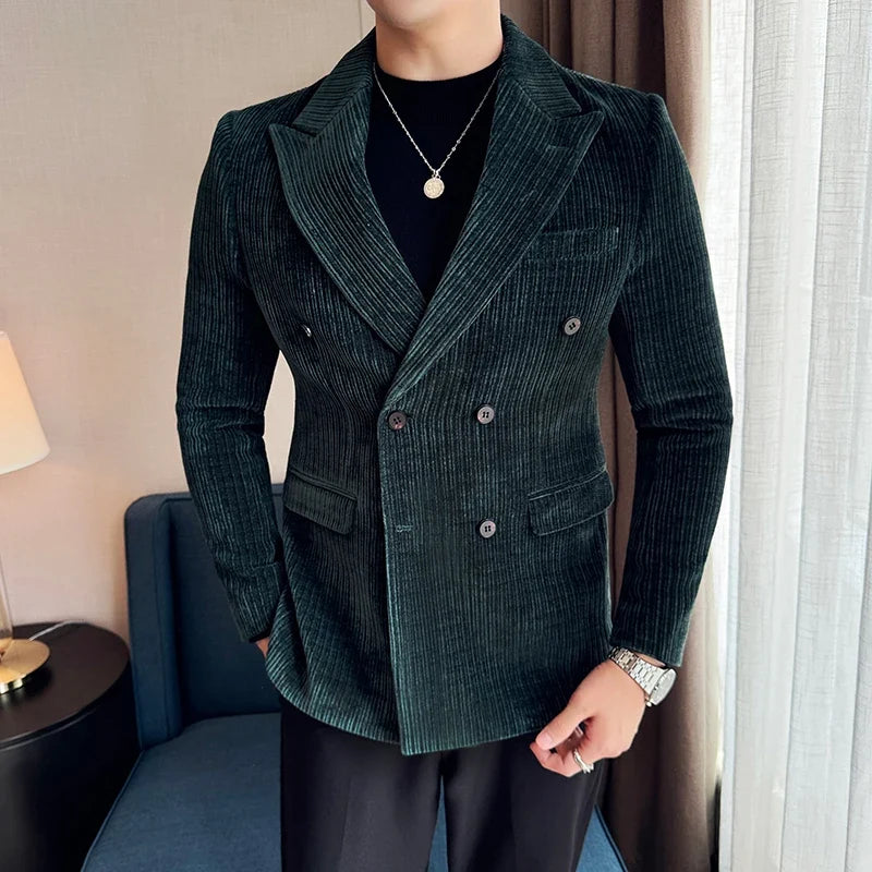 Autumn Winter New Men Corduroy Suit Jackets Double-Breasted Striped Slim Fit Casual Coats High Quality Formal Business Tailcoat