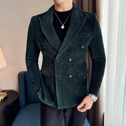 Autumn Winter New Men Corduroy Suit Jackets Double-Breasted Striped Slim Fit Casual Coats High Quality Formal Business Tailcoat