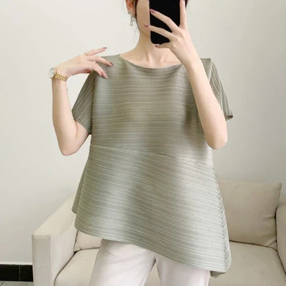 Miyake Irregular Short Sleeve Pleated Top Simple Loose Plus Size with Stretch T-Shirt Vacation Office Clothing Polyester Crepe