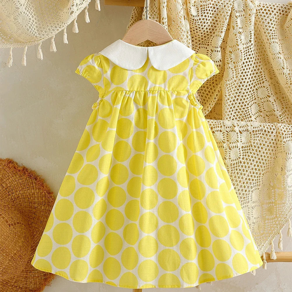 2-8Y Toddler Girls 100% Cotton Yellow Polka Dot Dress Peter Pan Collar Summer Casual Sundress