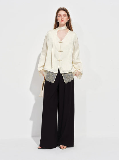 New Chinese-inspired Women's Satin Jacquard V-Neck Blazer Button Closure Acetate Fabric Sash Blouse Spring 2026 New Arrival