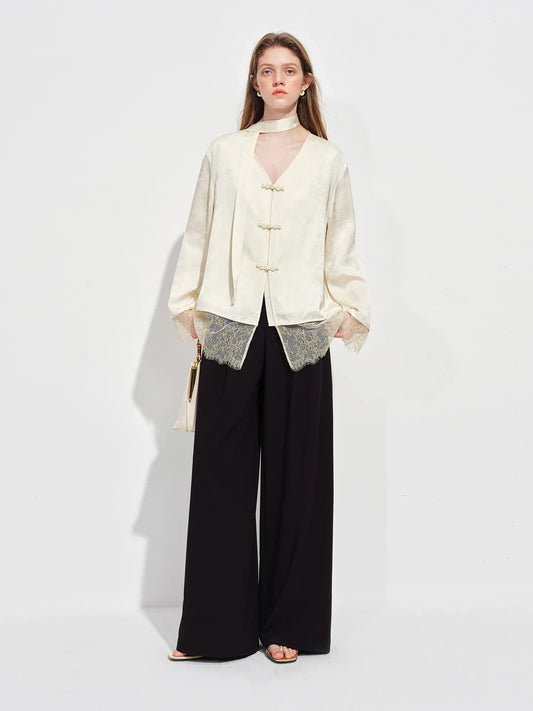 New Chinese-inspired Women's Satin Jacquard V-Neck Blazer Button Closure Acetate Fabric Sash Blouse Spring 2026 New Arrival