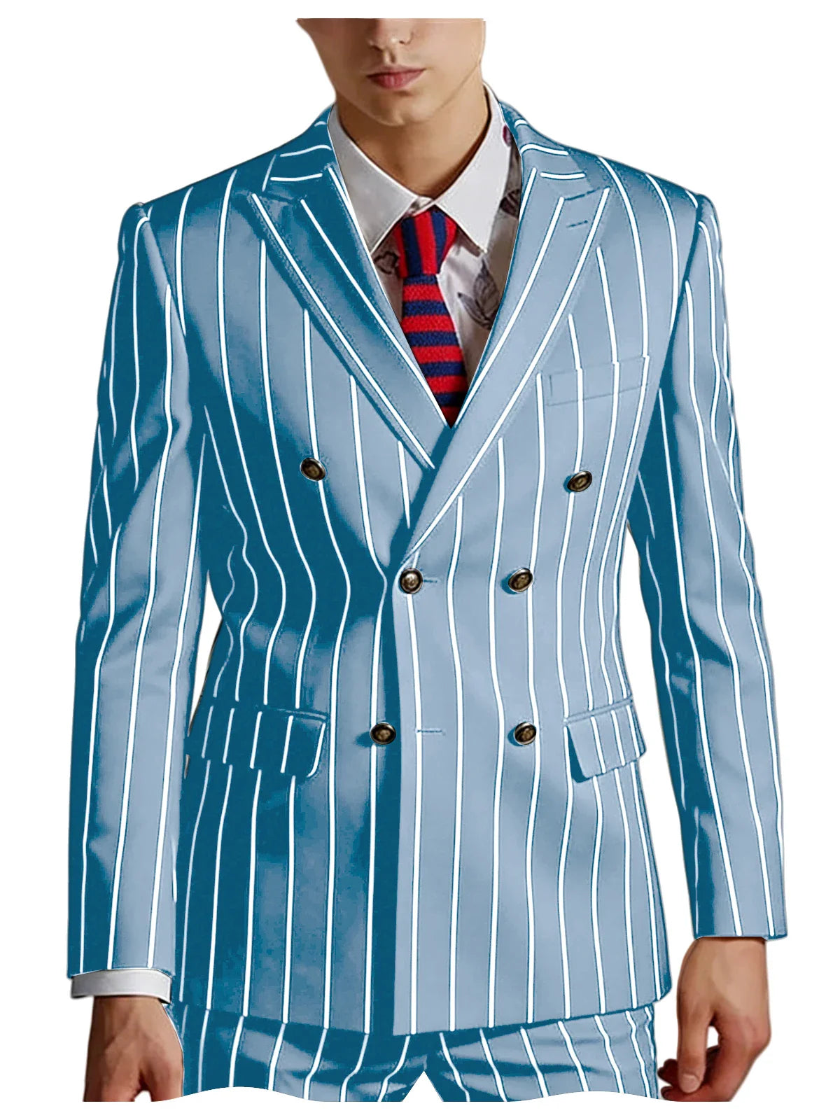 Men's Pinstripe 2 Piece Suit Set Double Breasted Peak Lapel Slim Fit Striped Tuxedo Suit For Wedding Prom Business Formal