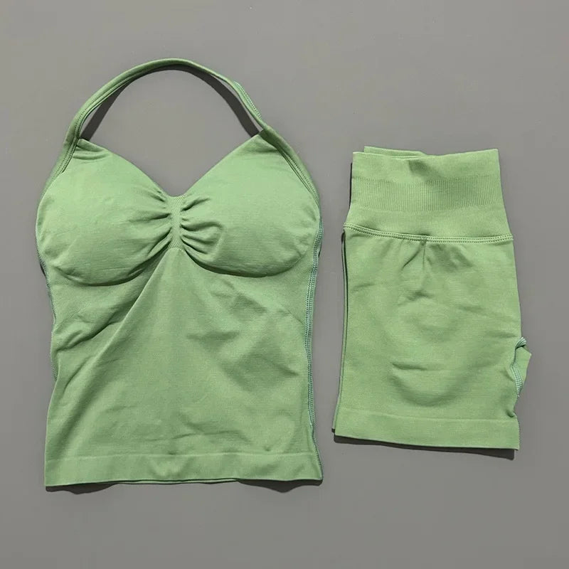 No Logo 2 Pies Sports Set Women Backless Tank Yoga Tops High Waist Scrunch Seamless Shorts Sport Gym Set Sportswear Workout Set