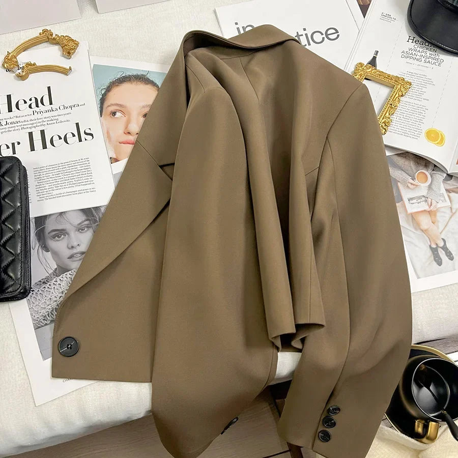Autumn Solid Color Cropped Suit Jacket for Women Turn Down Collar Single Button Blazer Female Casual Office Lady Blazers Coat