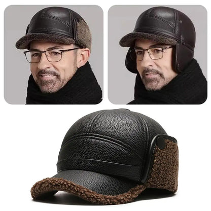 Winter Baseball Cap Men PU Leather Bomber Caps Middle Elderly Dad Hat With Earflaps Thicker Warm Windproof Tongue Hat Keep Warm