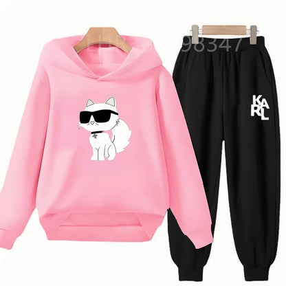White Cat Black Cat Children's Hoodies Top+Bottom Suit Girls Pink Boy Black Age 3-12 Coat Casual Toddler Long Sleeves Clothing