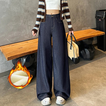 Wide Legs Fleece Jeans Women Winter Loose Velvet Casual Pants Comfortable Warm Straight Fashion Pocket Plush Denim Trousers