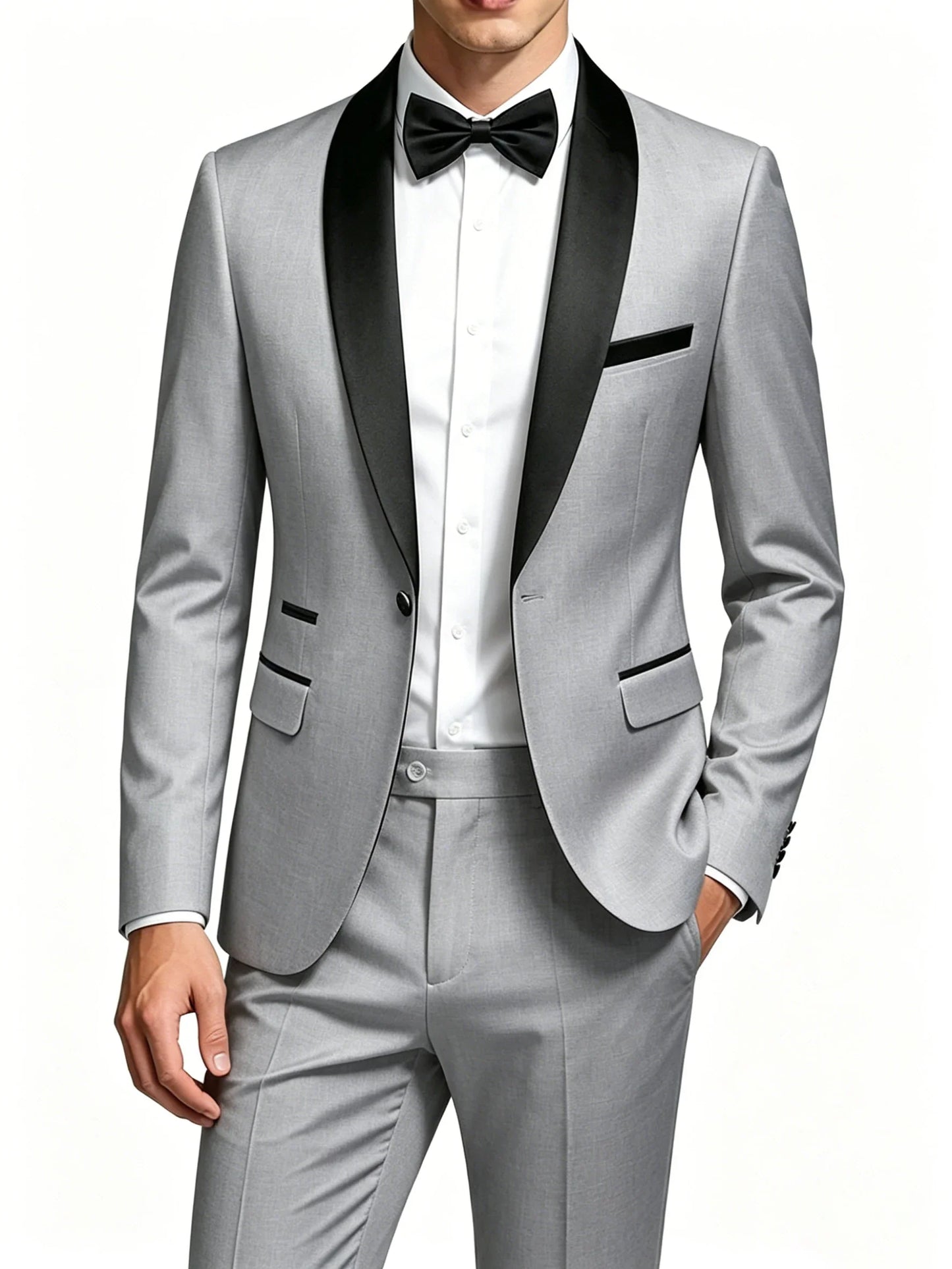 Men's Black Satin Shawl Lapel Tuxedo Suit 2 Pieces, Slim Fit Formal Blazer & Pants for Wedding Party Prom Groom Outfit