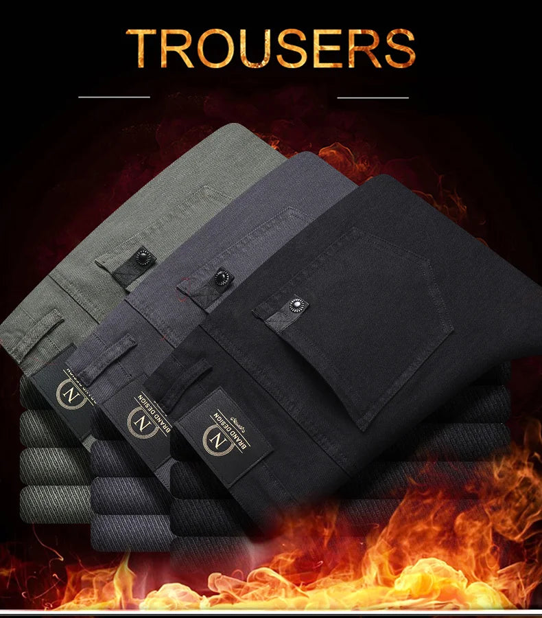2024 Winter New Men's Warm Slim Fit Business Casual Fashion Thicken Trousers Fleece Stretch Brand Pants Black Grey Army Green