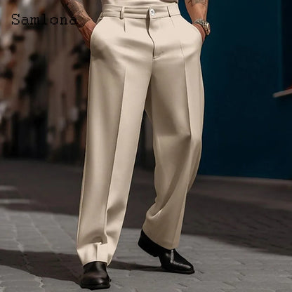 2023 Men's Stand Pocket Elegant Wide Leg Pants Solid White Party Wedding Trousers Plus Size Mens Fashion Buttons Up Suit Pants