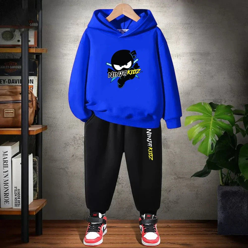 Children Hoodie Child Ninja Print 3-12 Years Old Boys Girls Toddler Coat Top+Pants Stylish Casual Black Sweatshirt Set