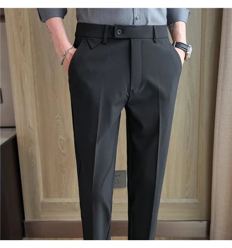 Men's High-Grade Trousers, Stretch Waist, Casual Trousers Slim Fit Navy Blue, Business All-Match，Male Pants