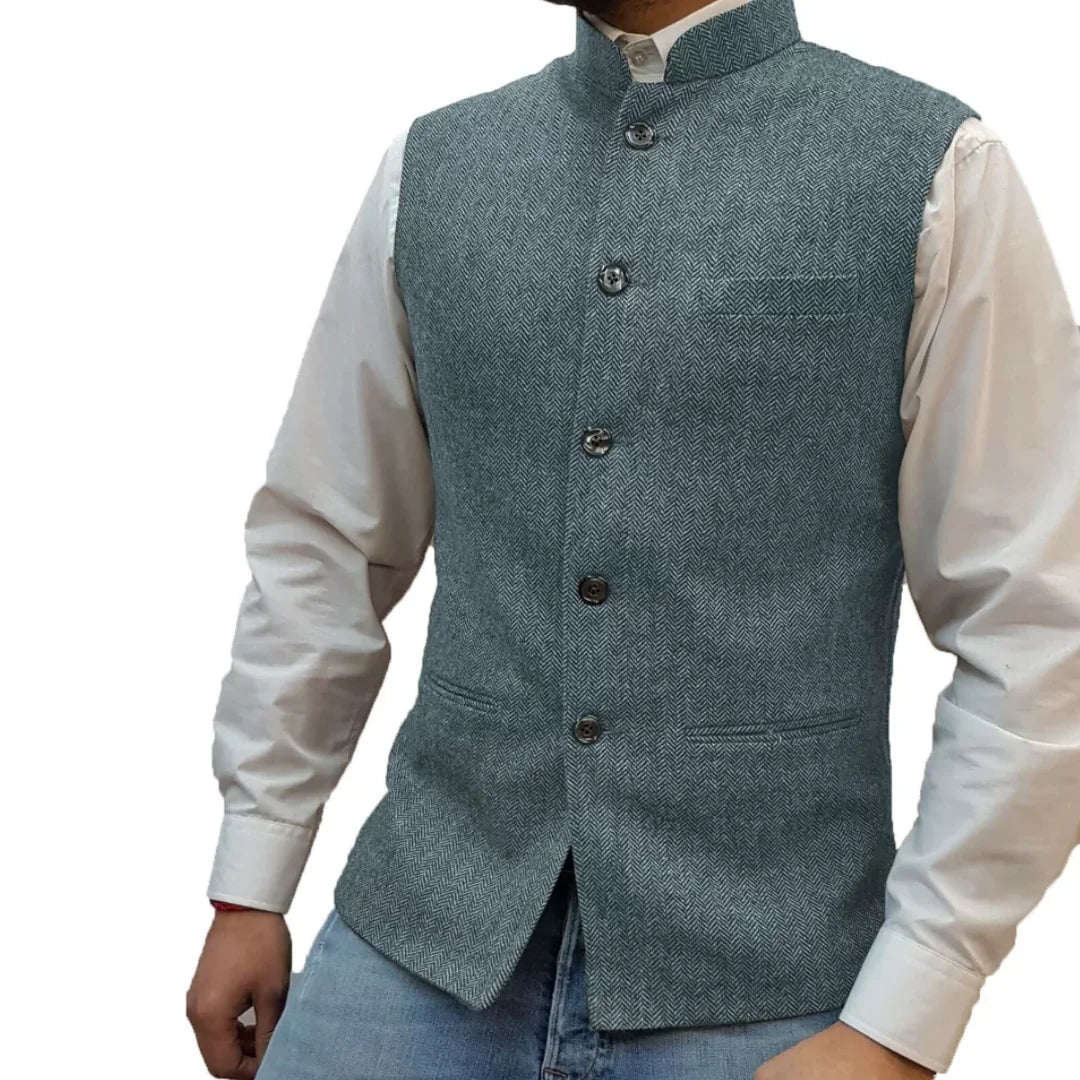 Men Vest Gray Herringbone Height Collar Single Button Waistcoat For Wedding Party Business Work Daily Casual Men Suit Vest