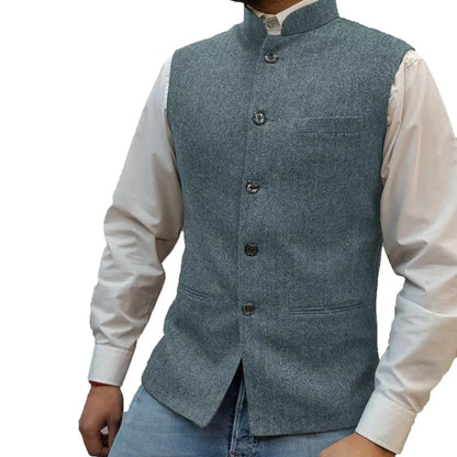 Men Vest Gray Herringbone Height Collar Single Button Waistcoat For Wedding Party Business Work Daily Casual Men Suit Vest