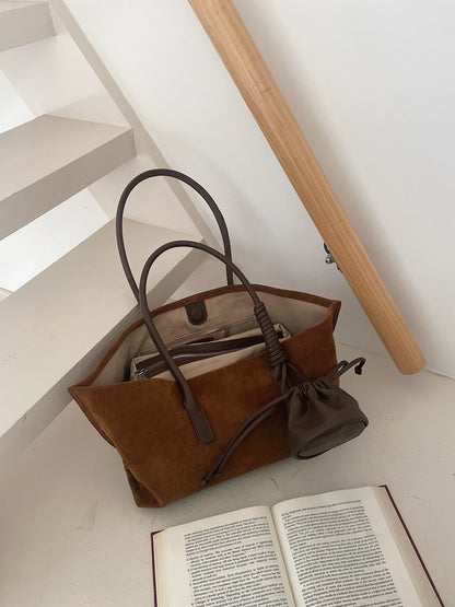 Vintage Large Capacity Suede Tote Bag Designer Trapeze Shoulder Bags for Women Luxury Genuine Leather Handbag and Purse 2026