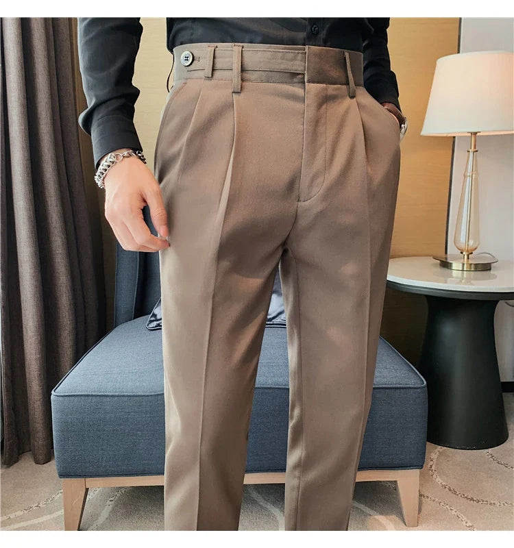 Autumn Winter High Quality Solid Casual Pants Men Belt Design Slim Fit Trousers Formal Office Business Social Party Suit Pants