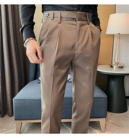 Autumn Winter High Quality Solid Casual Pants Men Belt Design Slim Fit Trousers Formal Office Business Social Party Suit Pants
