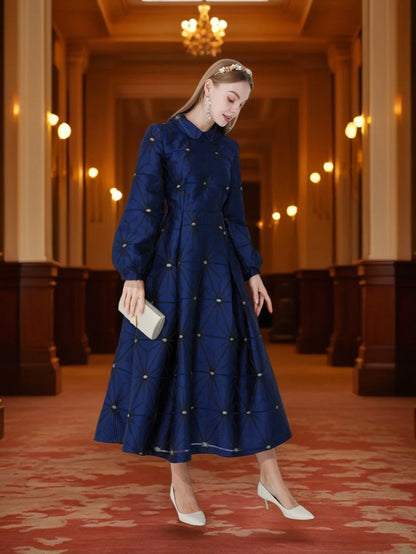 Fall/Winter Turned Collar Lined Sleeve A-Line Silhouette Geometric Heavyweight Jacquard Elegant and Graceful Long Dress