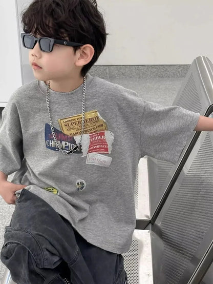 2026 Summer New Vintage Korean Boys T-Shirt Crew Neck Kids Tweens Casual Stylish Breathable Cotton Top