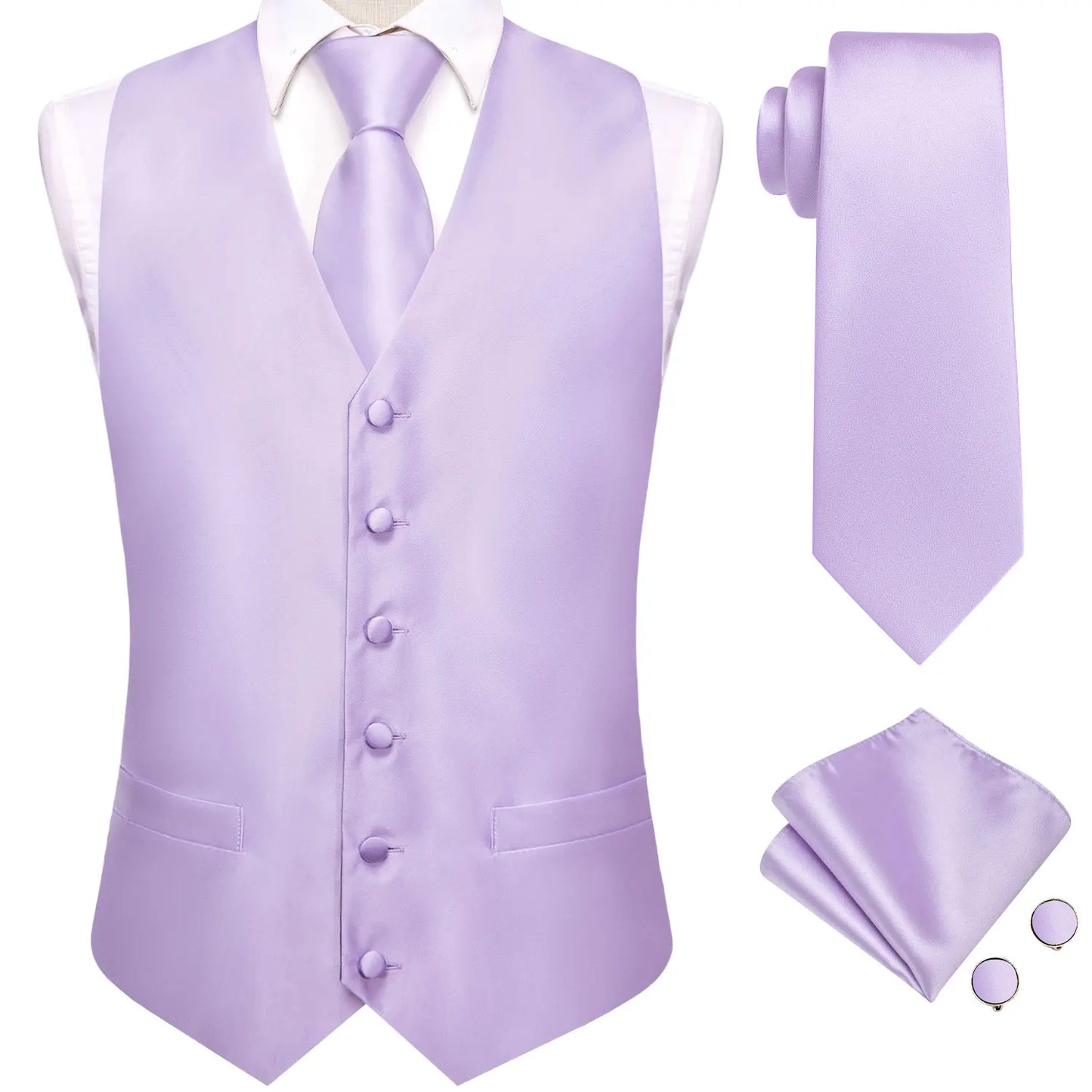 Silk Mens Suit Vests 4PC Woven Sage Green Solid Waistcoat Tie Pocket Square Cufflinks Business Wedding Dress Waist Jacket