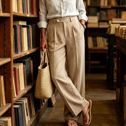 Beige Men's Linen Pants Breathable Cool Straight Leg Trousers High Waist Pleated Lightweight Summer Casual For Beach Vacation