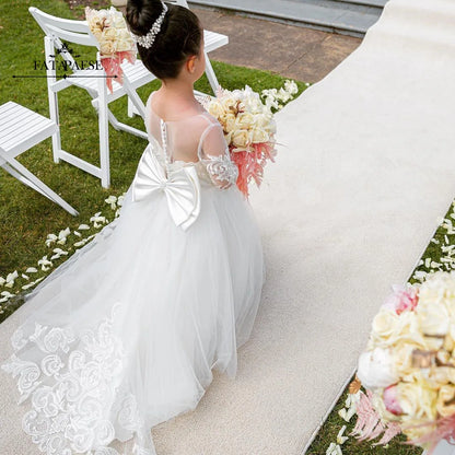 Flower Girl Dresses For Weddings Long Sleeve Lace Tulle Bow Back Children's Elegant Dress vestidos para niñas