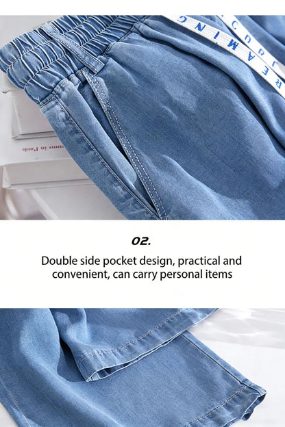 Plus Size Loose Fit Ice Silk Jeans Casual Yoga Demin Pants Women's Summer Trendy Brand Thin Wide Leg Pants Feel Comfortable
