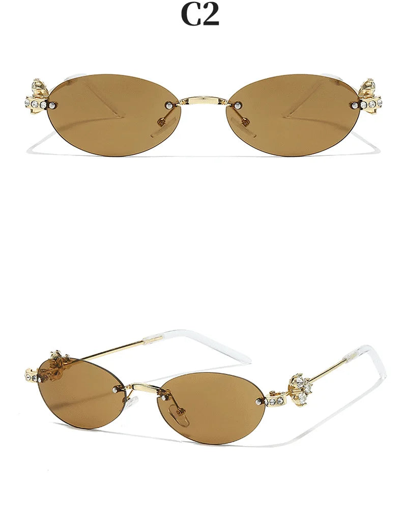 Women's Fashion Glasses Exquisite Diamond Decoration Sunglasses Oval Shaped Frame Cut Edge Frameless Small Outdoor Sun Glasses