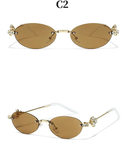 Women's Fashion Glasses Exquisite Diamond Decoration Sunglasses Oval Shaped Frame Cut Edge Frameless Small Outdoor Sun Glasses