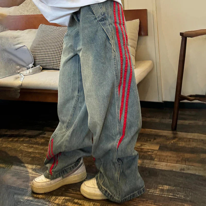 Autumn And Winter Korean Fashion Women'S Straight Leg Jeans With Side Stripes Wide Leg Pants Casual Pants Blue Jeans