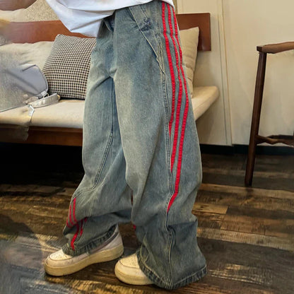 Autumn And Winter Korean Fashion Women'S Straight Leg Jeans With Side Stripes Wide Leg Pants Casual Pants Blue Jeans