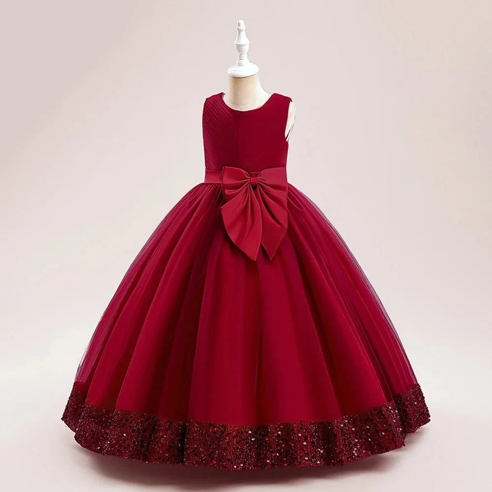 Fluffy Sequin Bridemaid Princess Girls Dress Elegant Bow Pink Wedding Prom Evening Kids Party Dresses for Girl Birthday Costumes