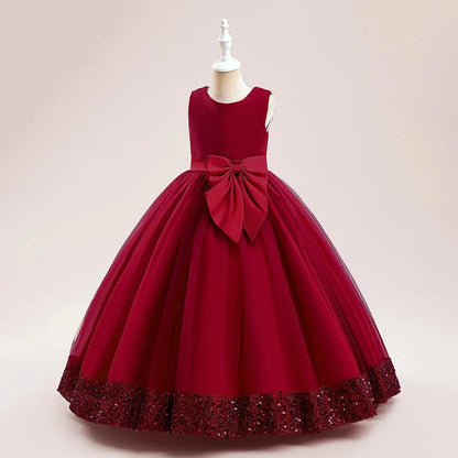 Fluffy Sequin Bridemaid Princess Girls Dress Elegant Bow Pink Wedding Prom Evening Kids Party Dresses for Girl Birthday Costumes