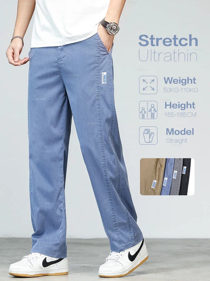Summer Ultrathin High Quality Soft Lyocell Fabric Men's Jeans Loose Straight Denim Pants Design Casual Trousers Plus Size M-5XL
