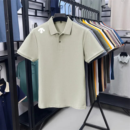 100% men's summer luxury brand polo shirt lapel geometric printing short sleeves t-shirt outdoor leisure men clothing tops