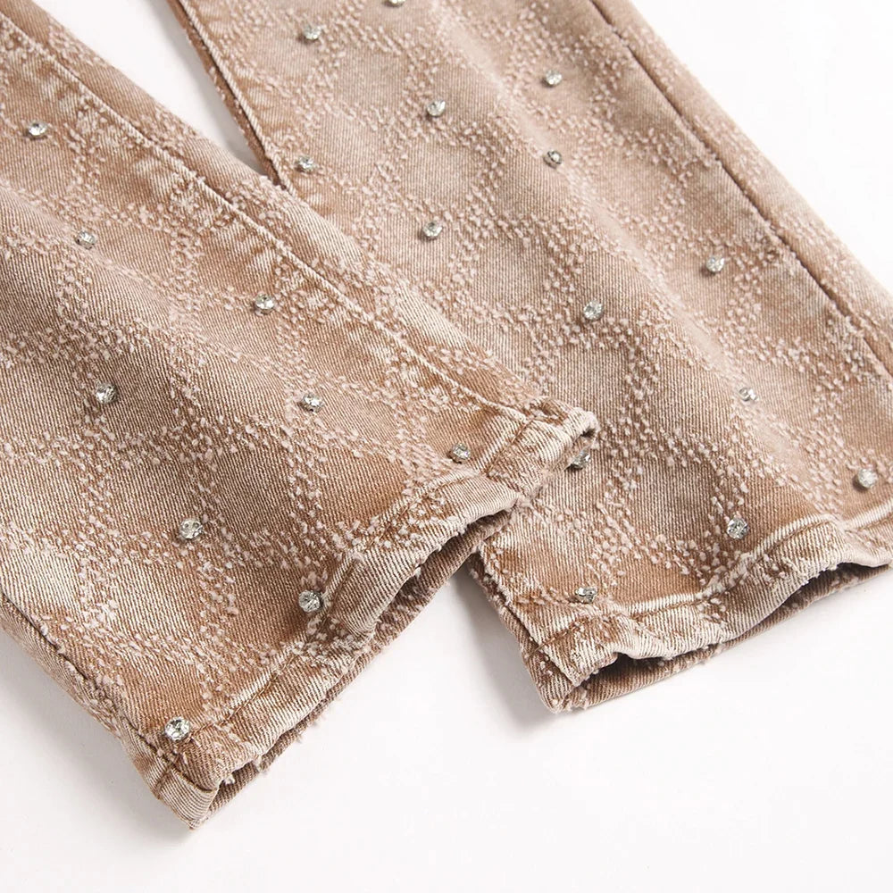 Men's Crystal Rhinestone Stretch Boot Cut Denim Jeans Punk Rivet Slim Flared Trousers Fashion Stretchy Pants